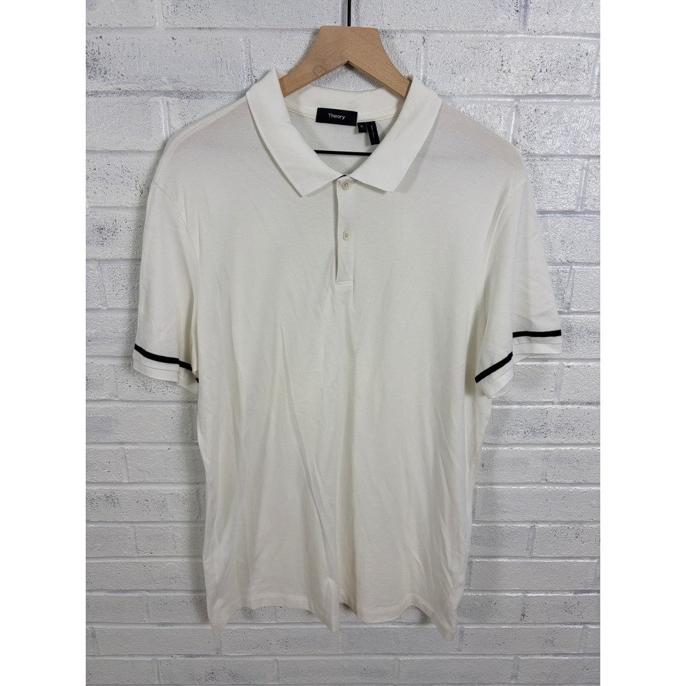 Theory Line Polo Mens XL White Black Tipped Function Pique Short Sleeve Shirt
